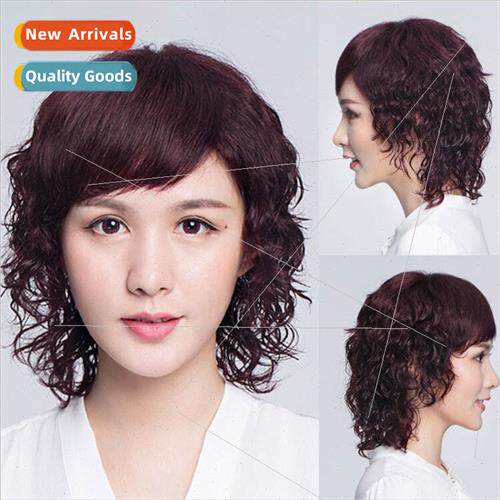 wig female short curly hair mom head covering real hair in l