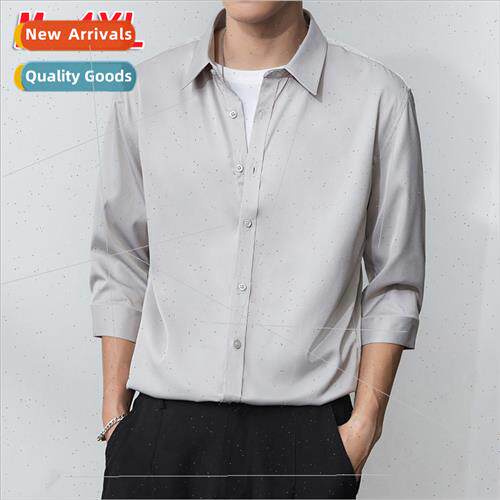 Shirt men seven-quarter sleeve drape summer loose solid colo