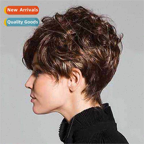 Europe dark brown wig women short curly head set fluffy high