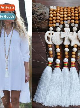 Handmade String Wooden Beads Ethnic Necklace Women Long Tass