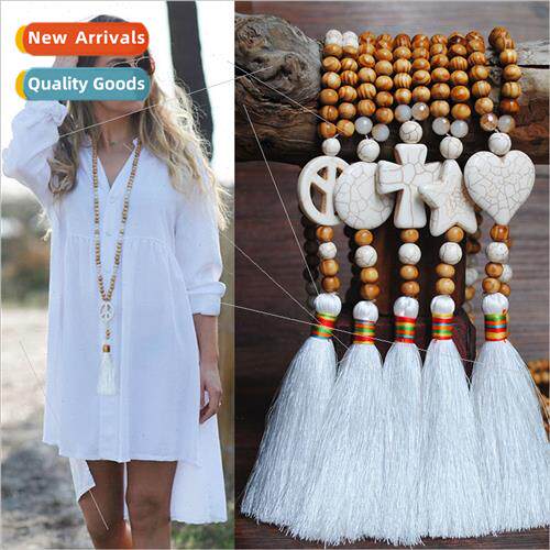 Handmade String Wooden Beads Ethnic Necklace Women Long Tass