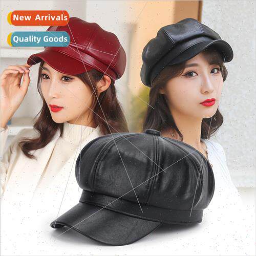 Autumn winter retro beret female pu leather solid color hund
