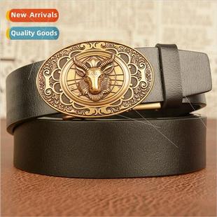 leather cowhide belt sheepshead buckle Zodiac automatic men