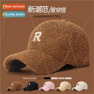 Korean  embroidered R letters lamb wool baseball cap childre