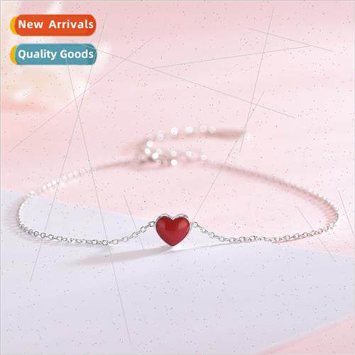 S925 silver necklace red heart drop oil fresh peach heart co