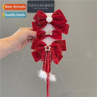 velvet red hair clips bow festive big tassel New gold Year
