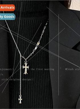 Quadrangle zirconia cross tassel necklace women fall winter