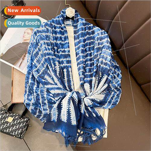 Spring Autumn Batik Retro Blue lk Scarf Women Cotton nen Sum
