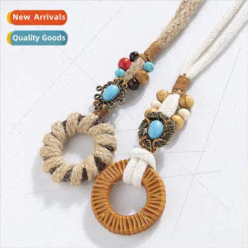 Bohemian round wooden buckle wax rope braided knotted ethnic