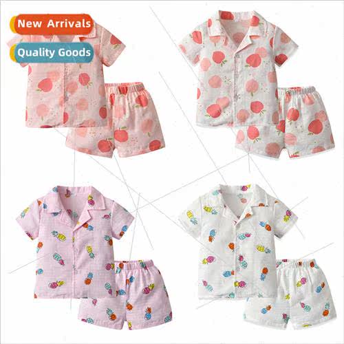 2022 childrens cotton pajamas summer double yarn short-sleev