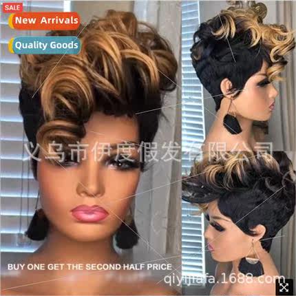 Europe new fluffy female short curly hair black to brown syn