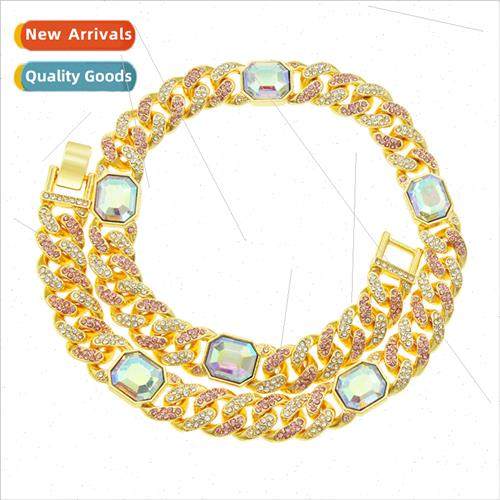 Europe colorful square diamond Cuban chain hipster necklace