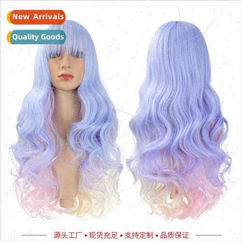 Europe wig women big wave colorful full head cover blue hair