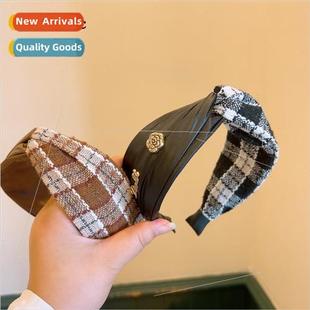 leather wide edge plaid hairpin versatile colorblocking