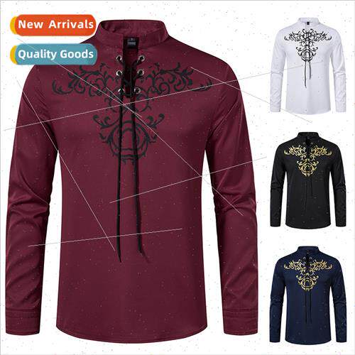 Men Henley Collar Printed Long Sleeve Medieval Shirt C02