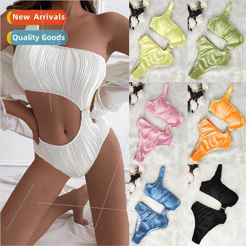 2024 New Europe Solid Color One Shoulder One-piece Swimsu Se