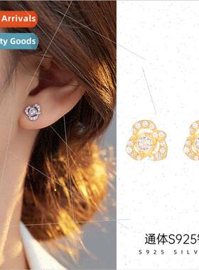 S925 silver simple small camellia zirconia earrings cold win