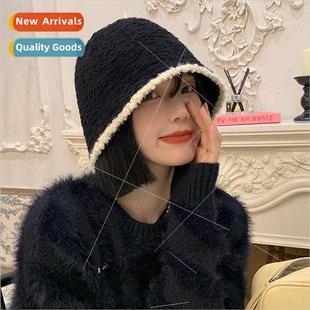 fall plush big new winter female hat fisherman knted Black