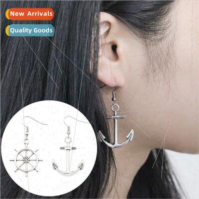 Europe retro alloy asymmetric anchor rudder earrings persona