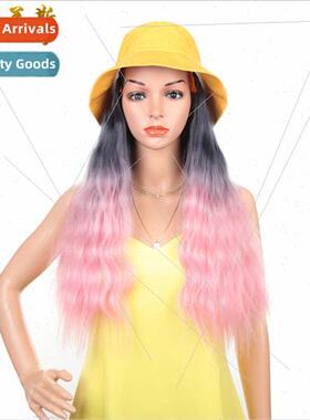 22 Inch Hat Wig One Piece Wig Headgear Women Gradient Pink F