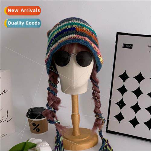 Merad retro color clash striped knted pigtail fisherman hat