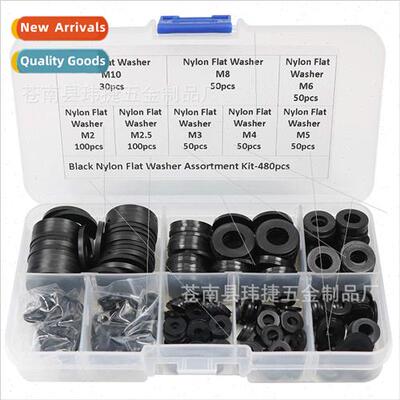 480pcs M2 M2.5 M3 M4 M5 M6 M8 M10 Black Nylon Flat Washers B