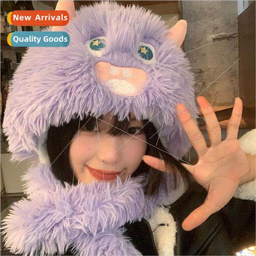 Cute ltle monster plush hat scarf all-in-one female winter w
