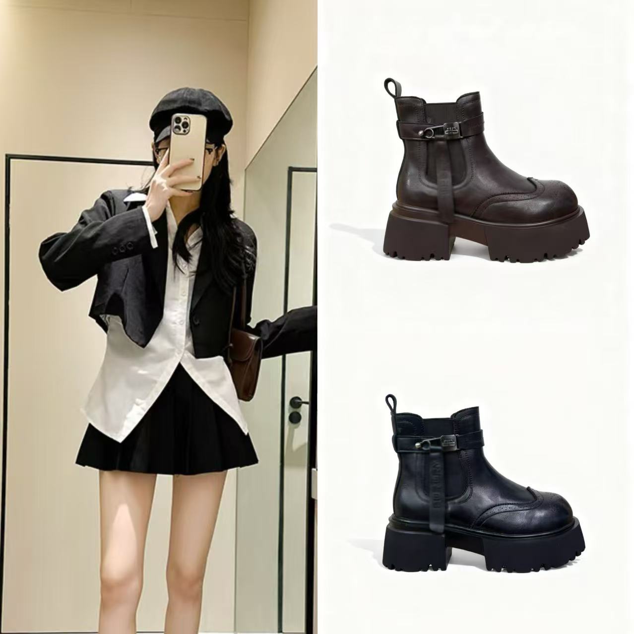 【皮面+超轻底】【雪绒拾光】秋冬款厚底加绒保暖时尚马丁靴-鱼