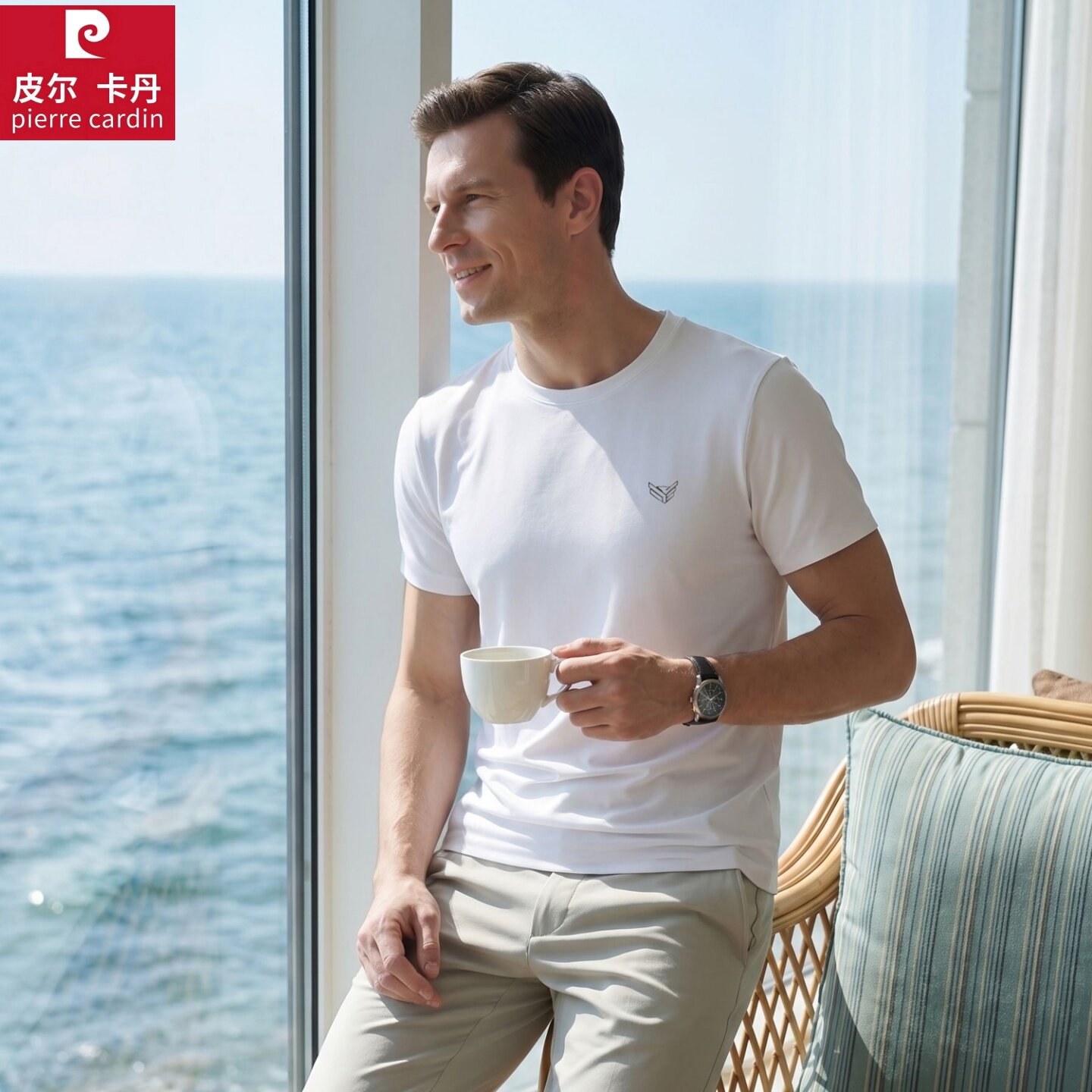 皮尔卡丹T恤男短袖高端桑蚕丝圆领休闲中年时尚轻奢冰丝无痕上衣