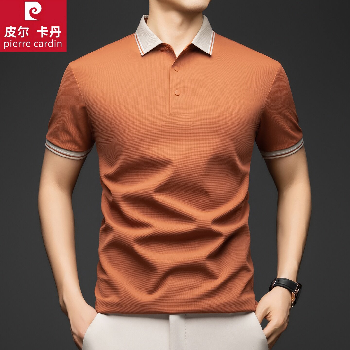 皮尔卡丹男士短袖t恤商务休闲风爆款华夫格无痕压胶打底翻领上衣