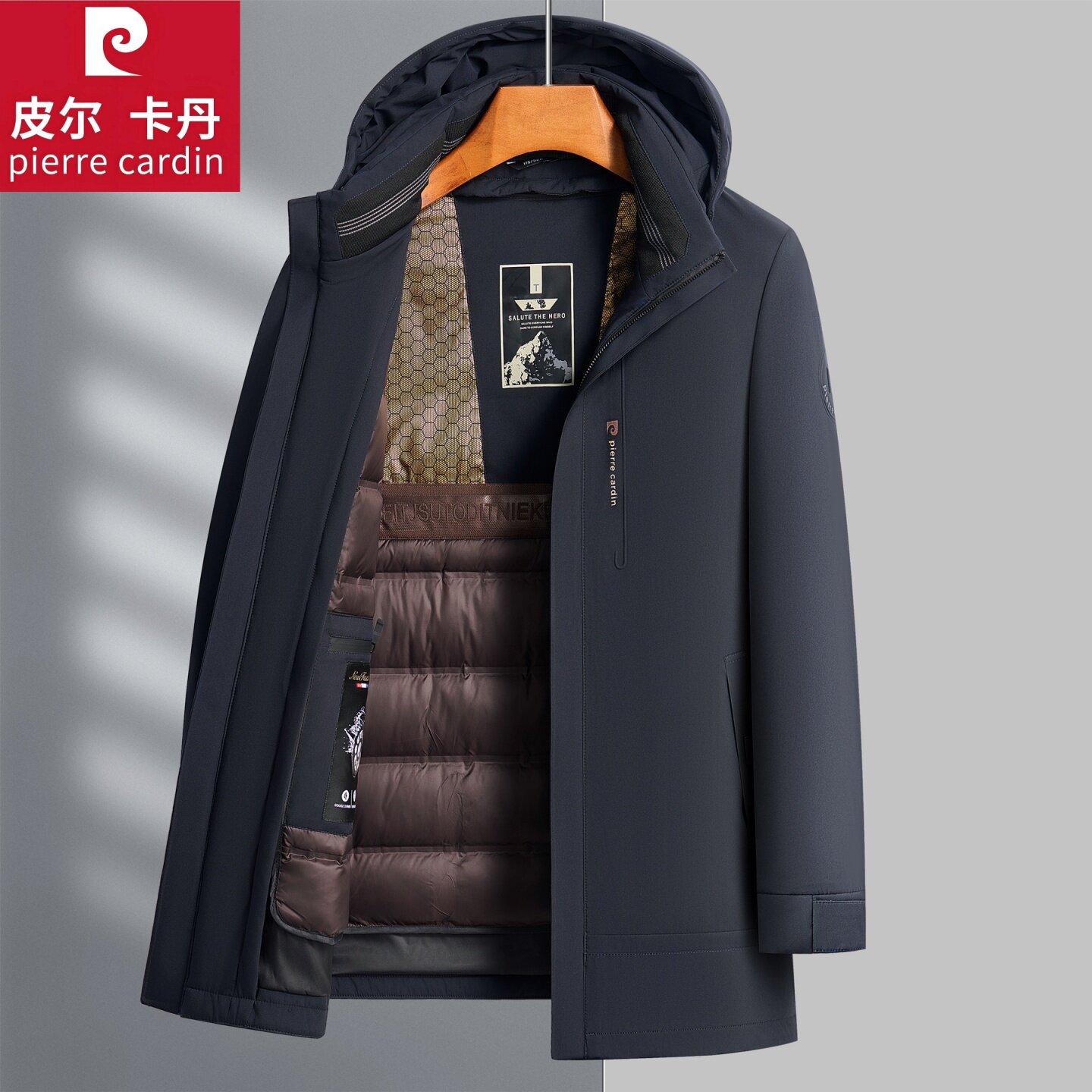 皮尔卡丹男士羽绒服中长款冬季加厚高端品牌中年爸爸连帽保暖外套