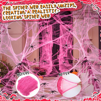 Pink Halloween Spider Web with Fake Spiders Stretch Cobweb