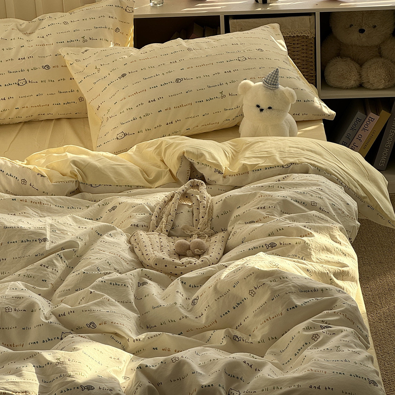 韩系奶油风ins可爱字母A类水洗棉四件套非全棉被套床单学生三件套