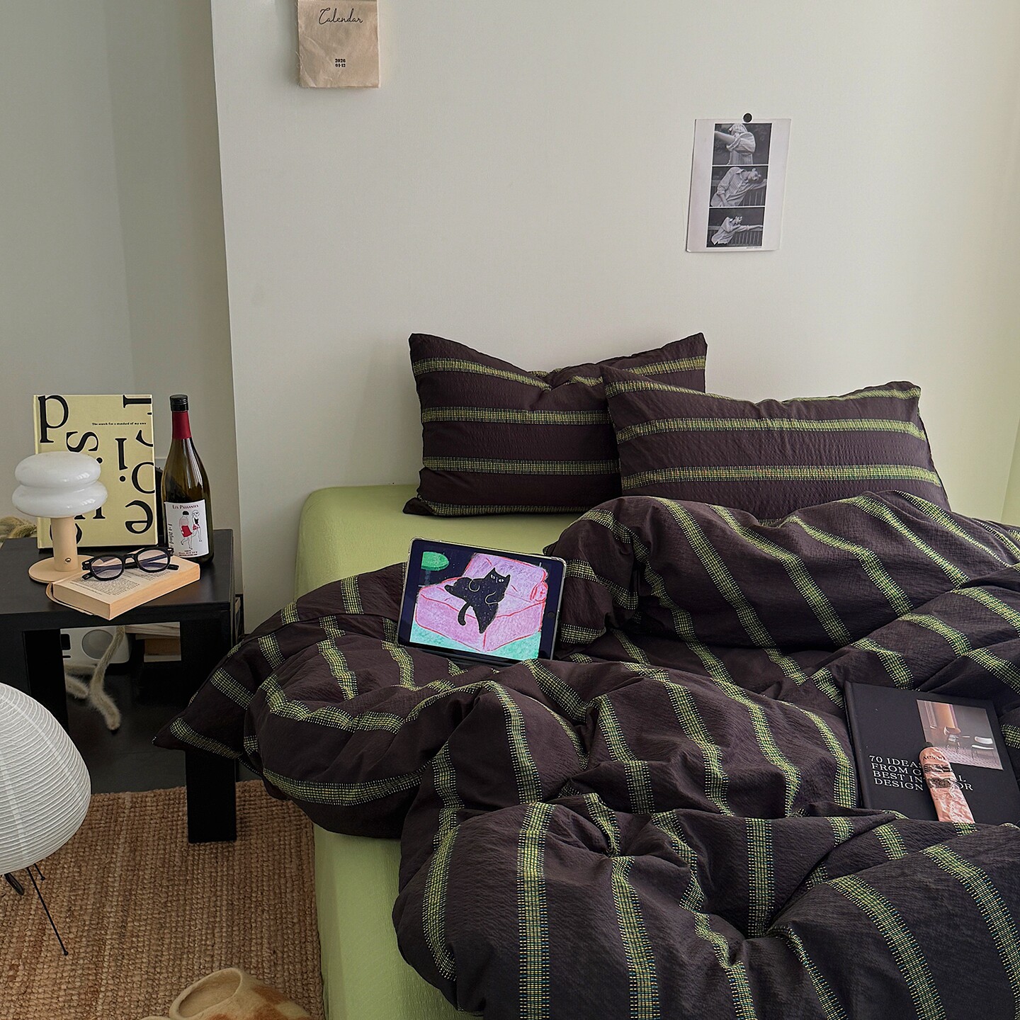 北欧复古小众风ins条纹水洗棉四件套简约被套学生宿舍床单三件套