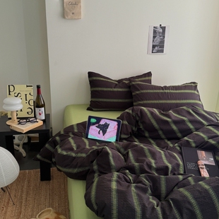 北欧复古小众风ins条纹水洗棉四件套简约被套学生宿舍床单三件套