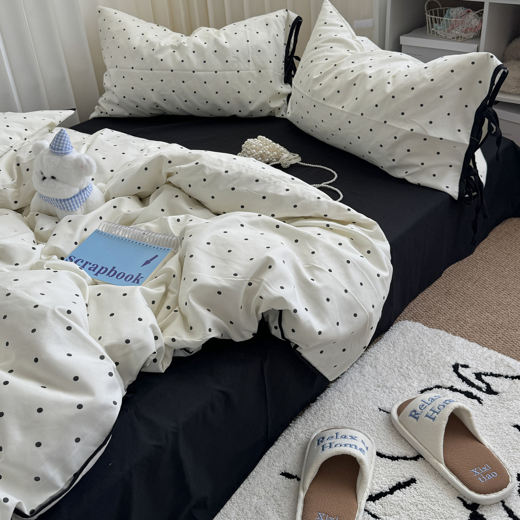 ins简约少女心波点绑带款四件套
