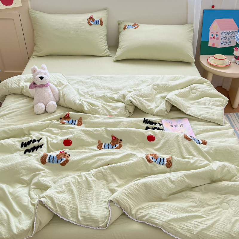 夏季小清新ins果绿色腊肠狗毛巾绣夏凉被四件套夏季空调被三件套