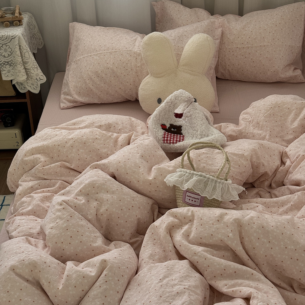 少女心ins粉色小碎花水洗棉双层纱四件套全棉被套床单学生三件套,床上用品,床品套件/四件套/多件套,淘宝优惠券,粉丝福利购,淘宝优惠卷