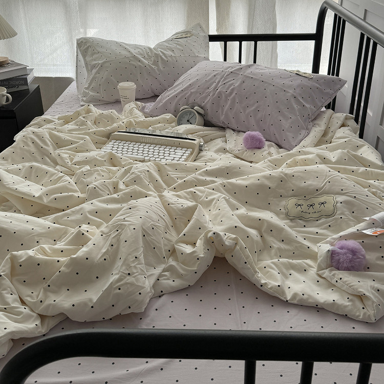 韩系少女芋泥波点水洗棉夏凉被四件套可爱毛球球空调被三件套夏被
