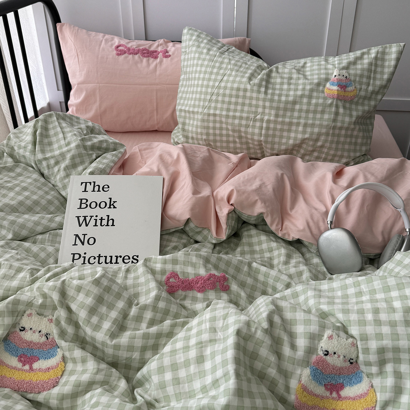 小清新ins可爱蛋糕花猫毛巾绣水洗棉四件套浅绿格被套学生三件套