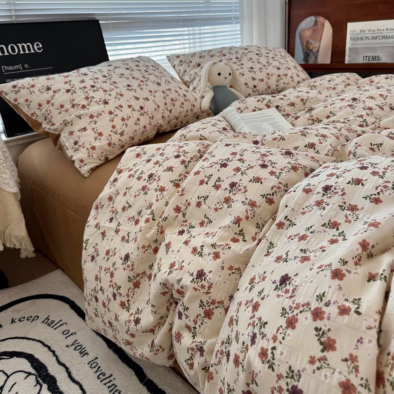 复古ins少女田园小碎花水洗棉四件套超柔全棉提花被套宿舍三件套