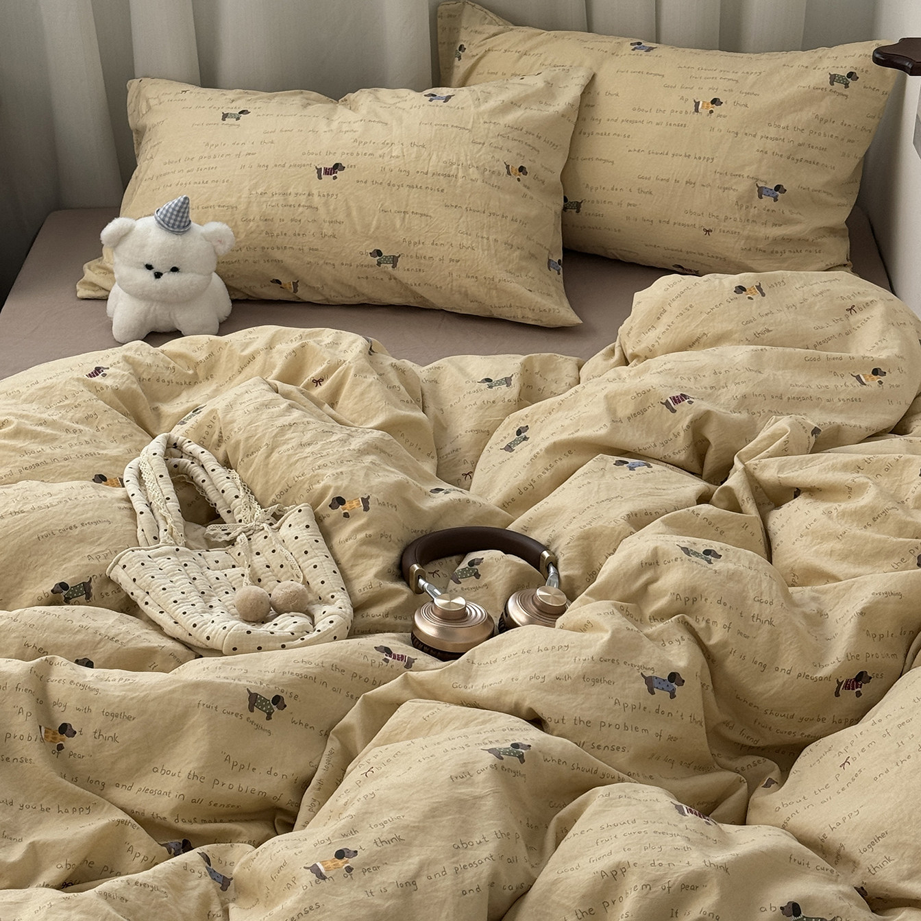 少女ins奶咖腊肠狗水洗棉A类双层纱四件套学生被套床笠全棉三件套