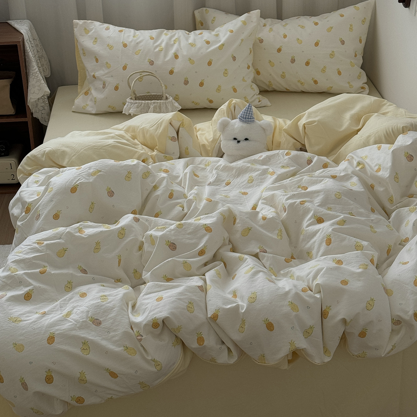 ins小清新卡通A类水洗棉四件套纯色床单床笠学生被套三件套非全棉