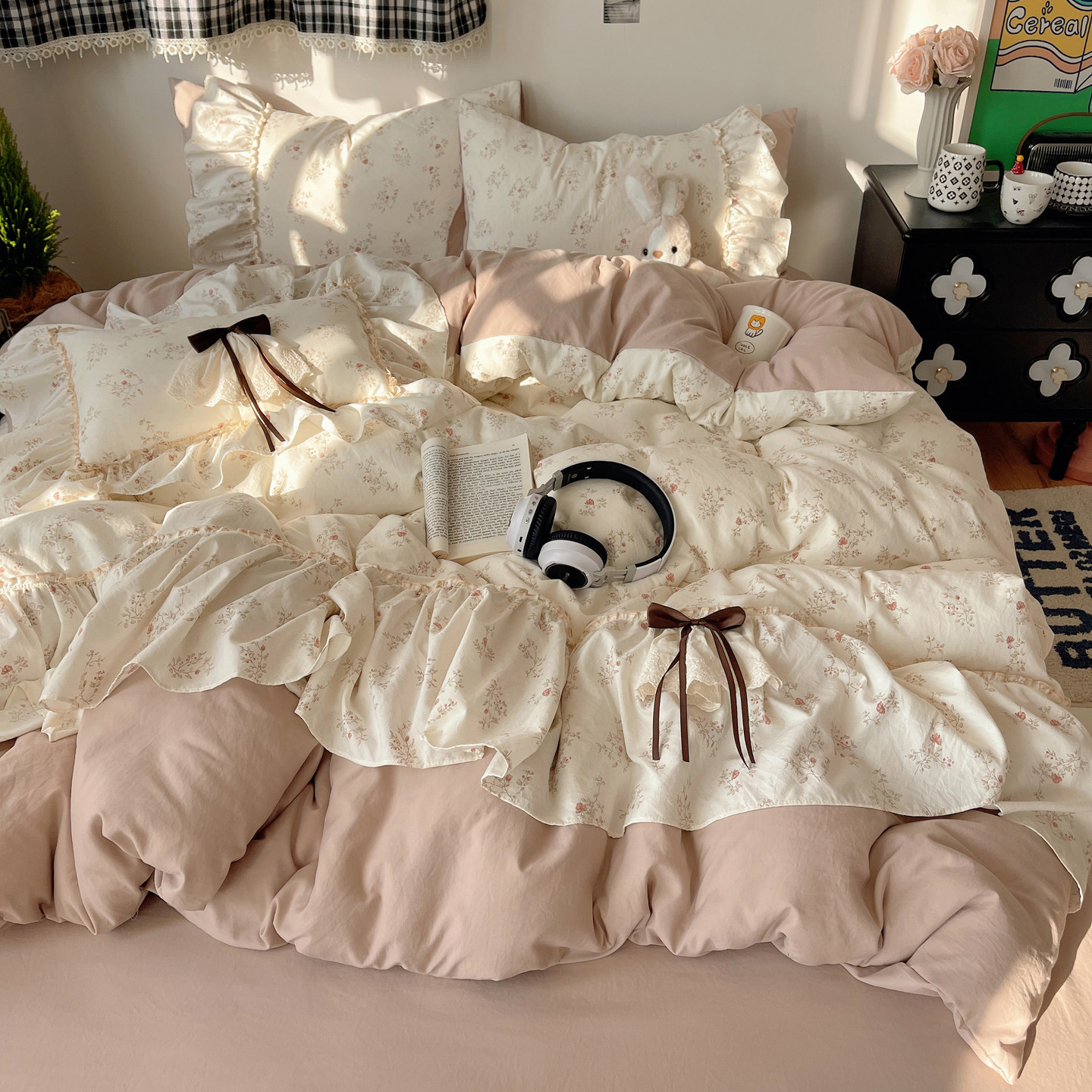 法式公主风蝴蝶结碎花水洗棉四件套花边款被套床单宿舍三件套床笠