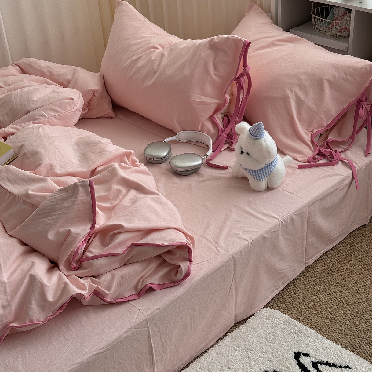 ins慵懒少女心粉色绑带款四件套