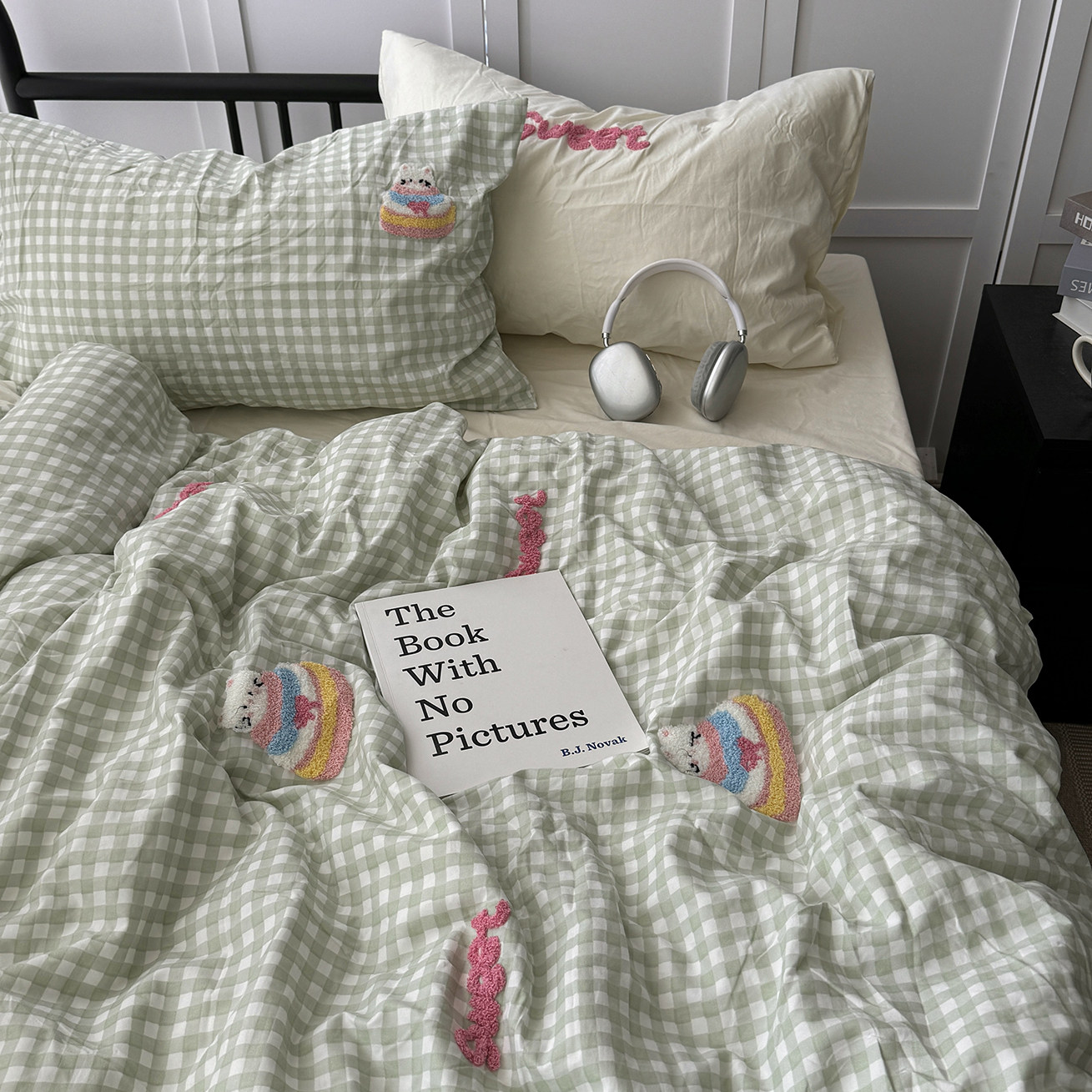 ins风浅绿格水洗棉四件套可爱蛋糕花猫毛巾绣被套学生床单三件套