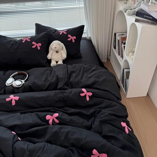 蝴蝶结毛巾绣四件套水洗棉少女
