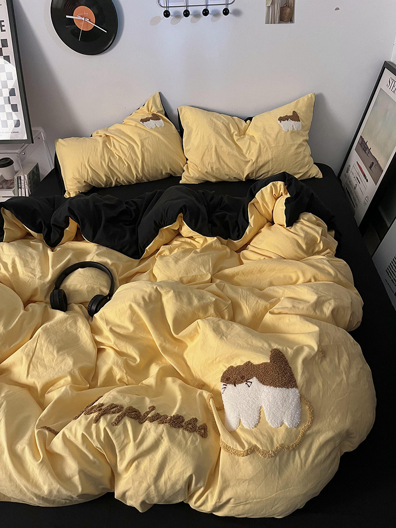 ins奶黄黑双拼毛巾绣萌萌猫纯棉床上四件套学生宿舍三件套床单1.8,床上用品,床品套件/四件套/多件套,淘宝优惠券,粉丝福利购,淘宝优惠卷