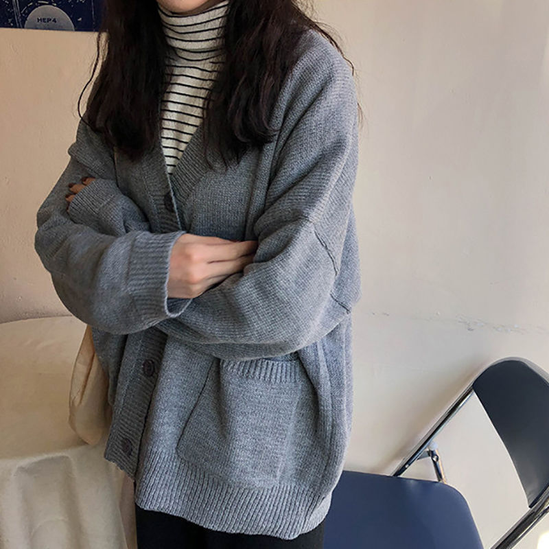 网红同款奶奶灰针织开衫外套v领上衣女宽松中长款毛线衣披肩外搭