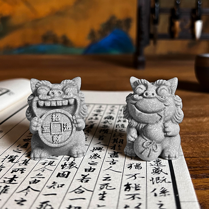 国风中式一对风石狮子爷摆件招财茶宠桌面造盆景家居装饰新年礼品